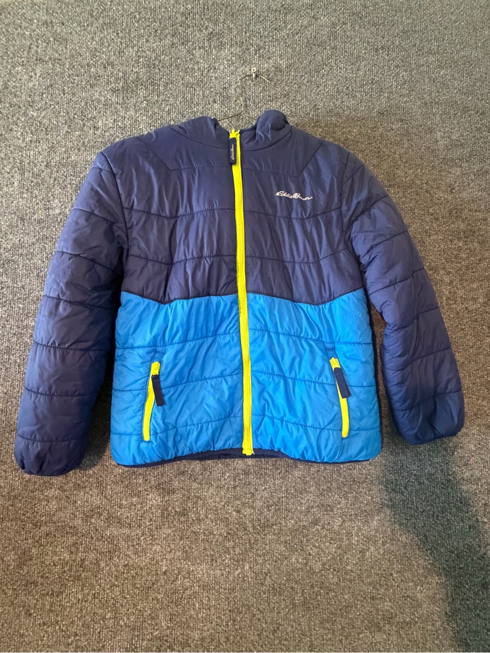 Eddie Bauer Navy and Bright Blue Puffer Jacket with Yellow Zipper